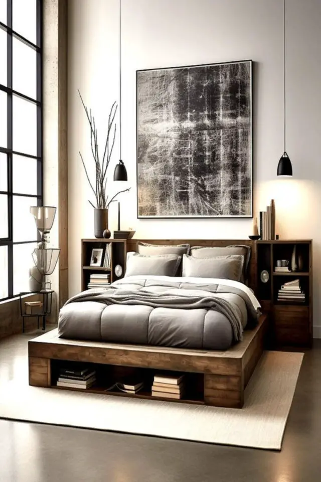decoration masculine et slow living exemple chambre à coucher zen peinture blanc cassé écru luminaire noir linge de lit gris mobilier en bois grand tableau abstrait