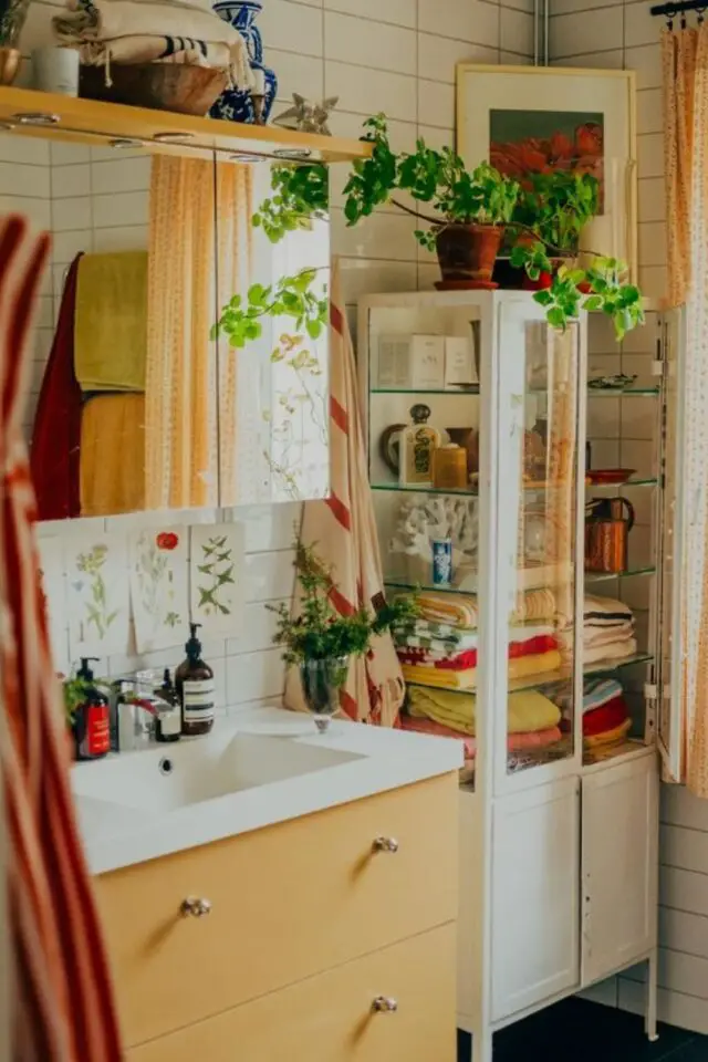 idee rangement salle de bain meuble vitrine blanc à côté du meuble vasque ambiance moderne et colorée plante verte