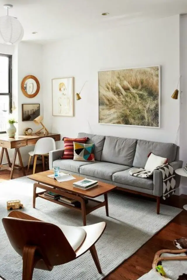 canape petit salon exemple sofa gris mur blanc table basse bois sombre vintage moderne