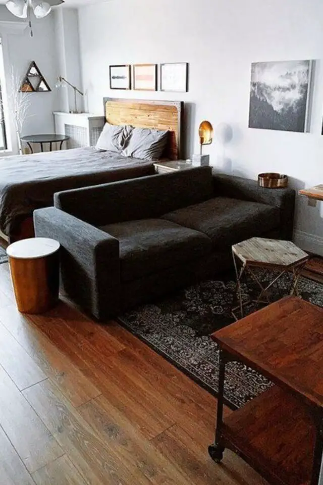 canape petit salon exemple studio appartement une pièce sofa gris noir lit tapis parquet