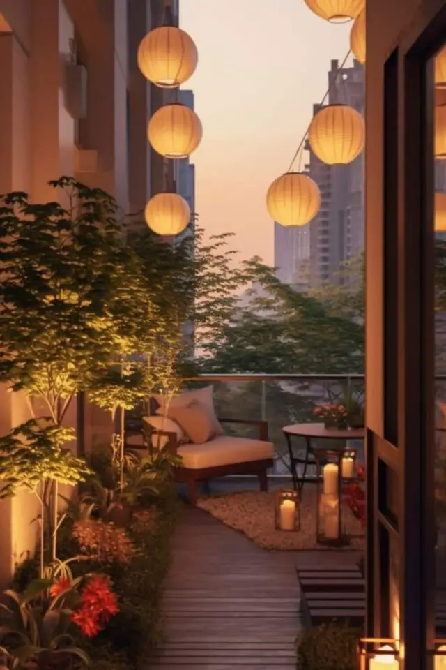 deco petit balcon tout en longueur lampions lumineux arbuste en pot et fauteuil de jardin 