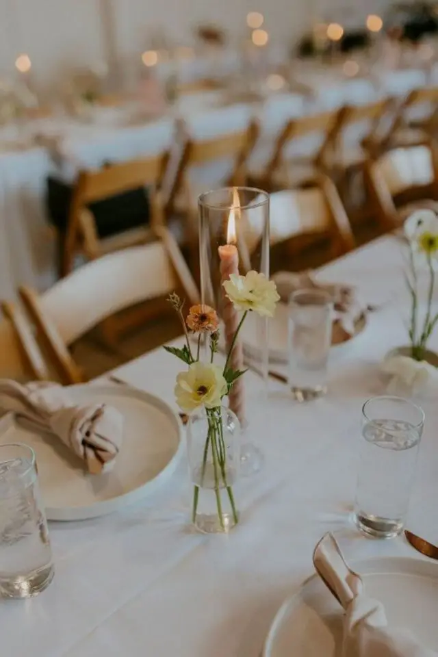 décoration de mariage au printemps déco de table minimaliste et printanier soliflore petites fleurs colorées pastel 