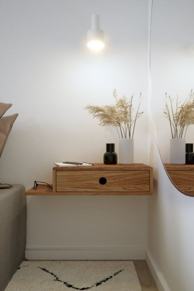 gain de place chambre chevet mural en bois avec tiroir et tablette espace sommeil chaleureux