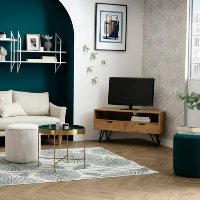 mobilier pratique angle salon Meuble TV d'angle en bois manguier massif et métal noir L100 cm