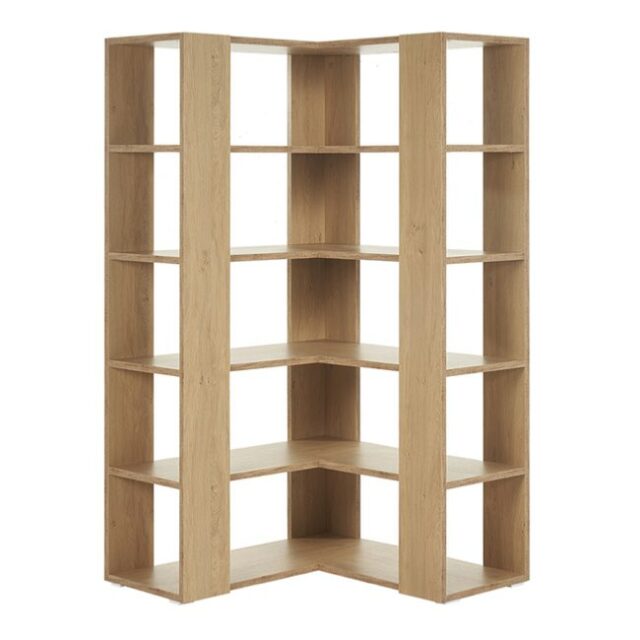 mobilier pratique angle salon Bibliothèque étagère d'angle finition bois clair chêne L95 cm