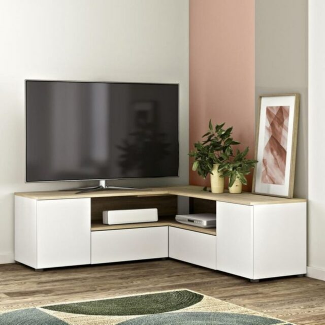 ou trouver meuble dangle pratique Meuble TV ANGLE 130 cm blanc avec plateau en bois clair