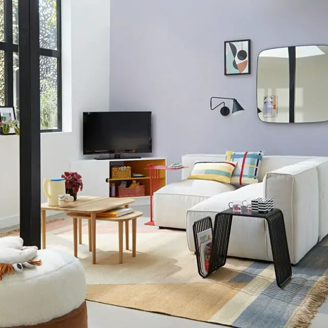 ou trouver meuble dangle pratique Meuble TV d'angle avec niche colorée salon séjour moderne appartement