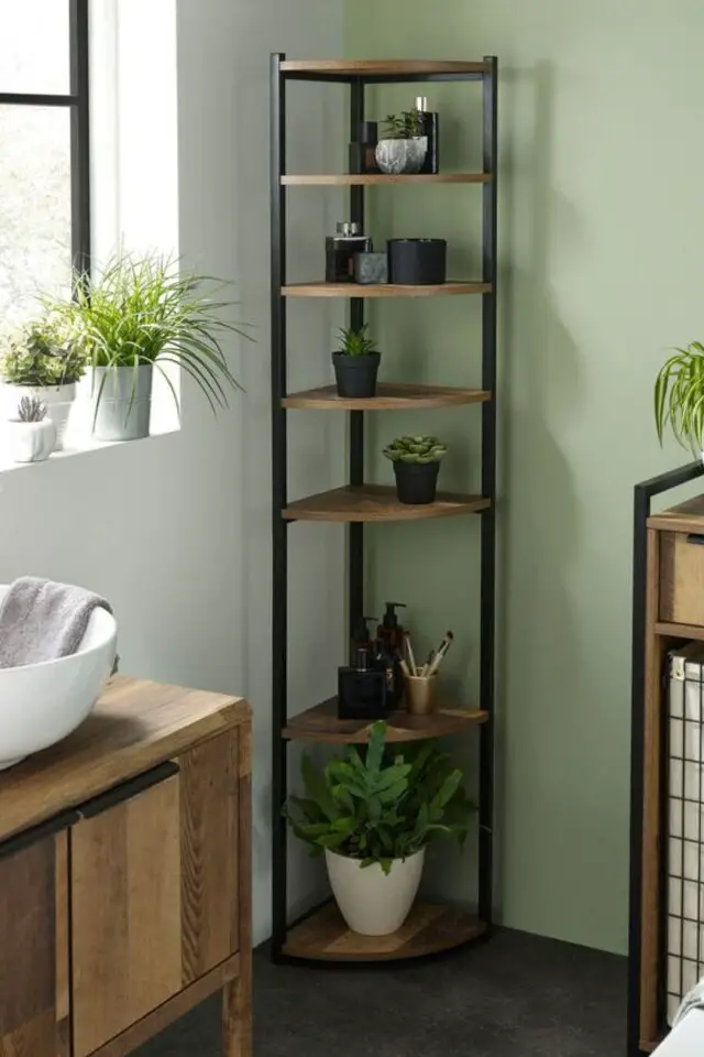 petite salle de bain rangement angle métal et bois étagère pas cher