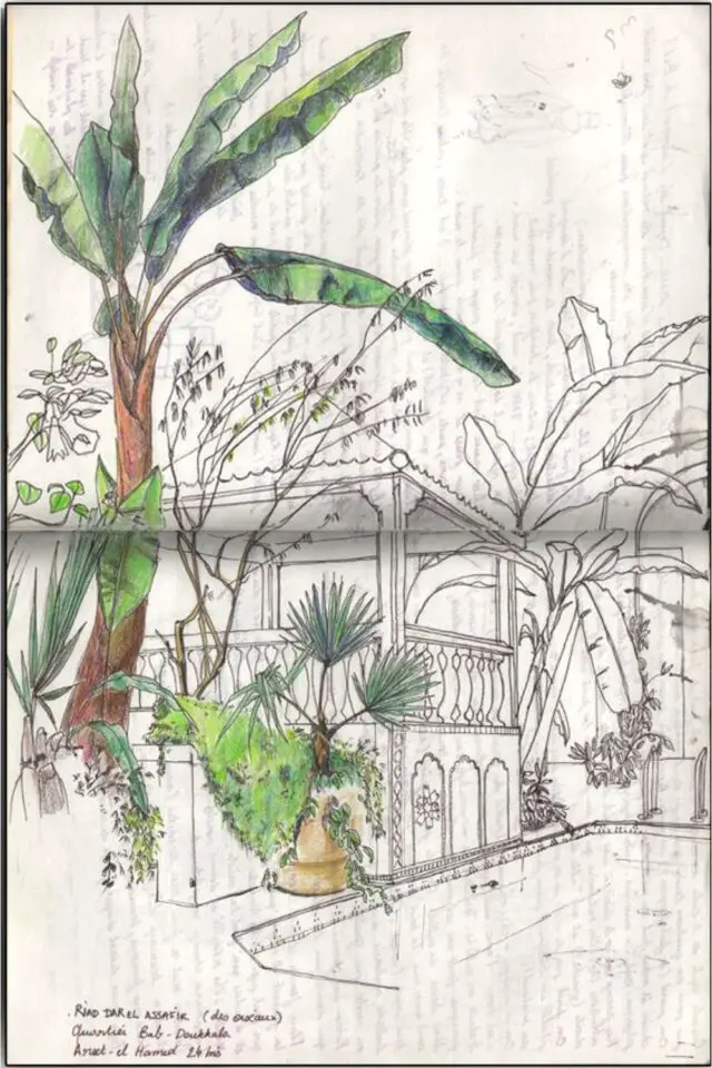 carnet de voyage illustration nature exemple paysage architecture végétation souvenir de vacances