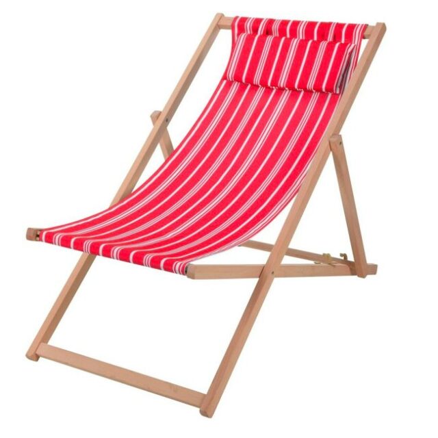 Chaise longue pliante chilienne hêtre et tissu rayé rouge