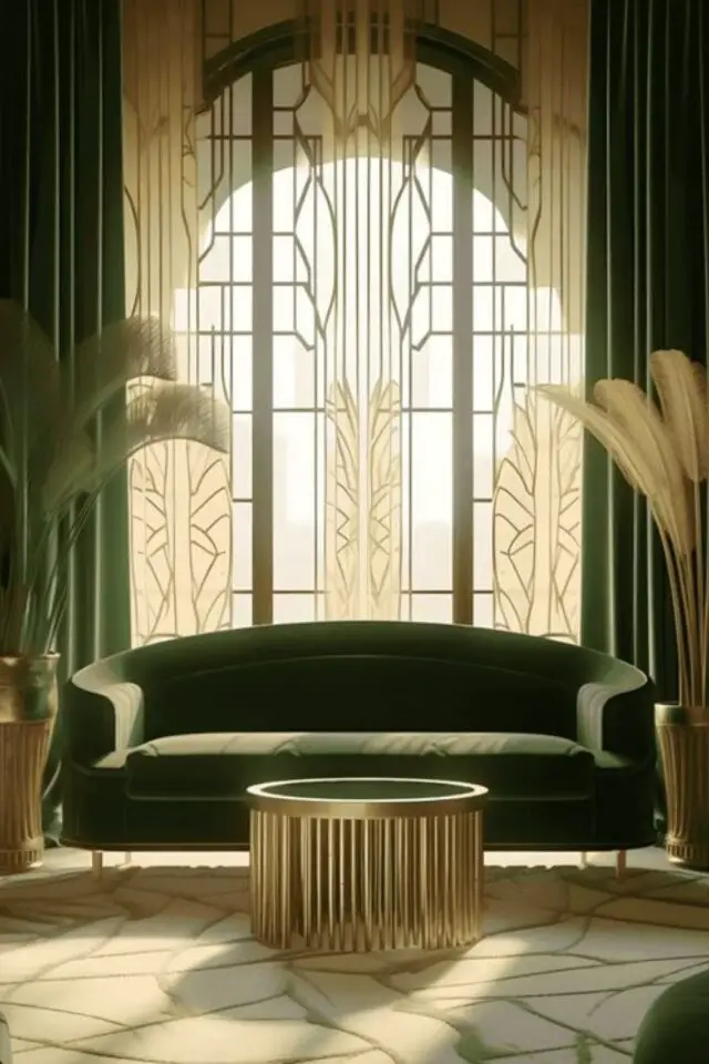 creer interieur art deco salon élégant design salle de séjour grande fenêtre vitrail canapé arrondi vert table basse ronde en laiton glamour
