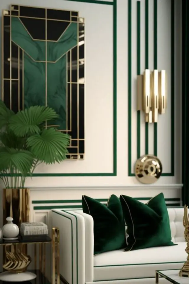creer interieur art deco décor mural salon moulure géométrique vert et blanc élégant applique murale bout de canapé laiton liseré coussin velours