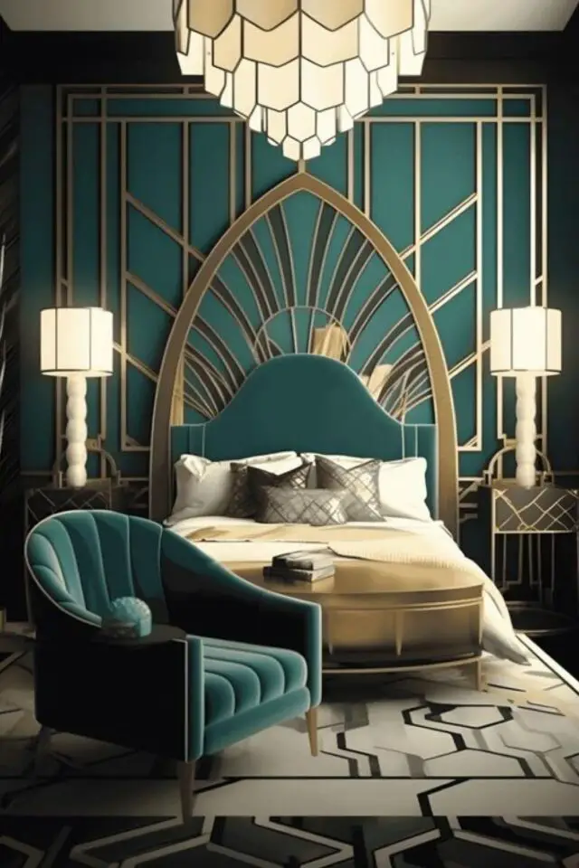 creer interieur art deco chambre à coucher luxueuse glamour vert émeraude et laiton décor mural tapis fauteuil en velours
