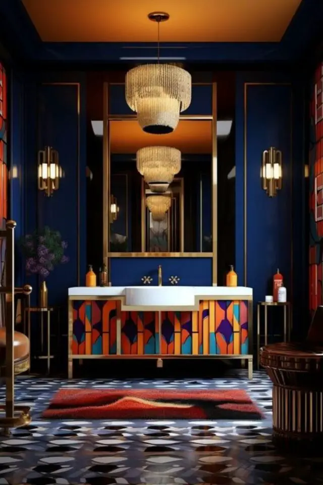 creer interieur art deco salle de bain glamour et chic couleur bleu sourd détail laiton meuble sou vasque effet vitrail 