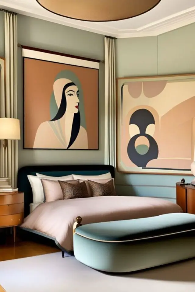 creer interieur art deco chambre à coucher style paquebot couleurs pastel décoration style années 30 rondeur tête de lit banc en velours