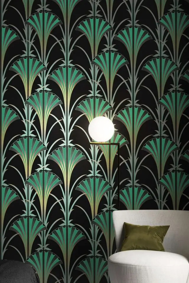 creer interieur art deco papier peint mural motif végétal vert sur fond noir élégant chic 