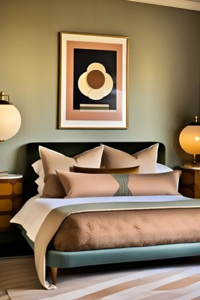 creer interieur art deco chambre à coucher chic et glamour couleur neutre chaude tête de lit arrondie tableau mural affiche encadrée