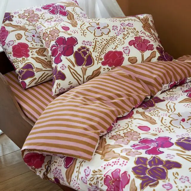 deco textile couleur la redoute Housse de couette 30% coton recyclé motif floral et rayures