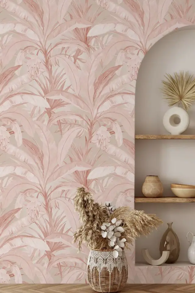 decoration fantaisie originale salon sejour Papier Peint Rose Jungle Tropicale