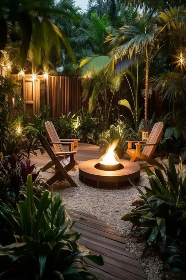 jardin rustique de grand-mère plantes tropicale terrasse en bois fauteuil et brasero 