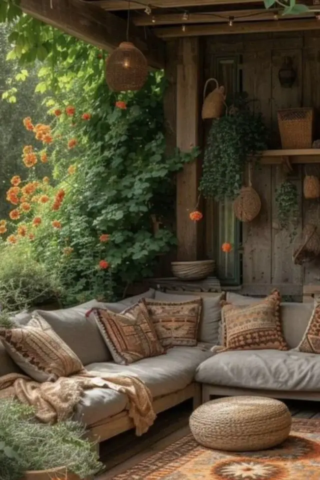 jardin rustique de grand-mère pergola rustique aménagée étagères en bois plantes grimpantes banquette cosy 