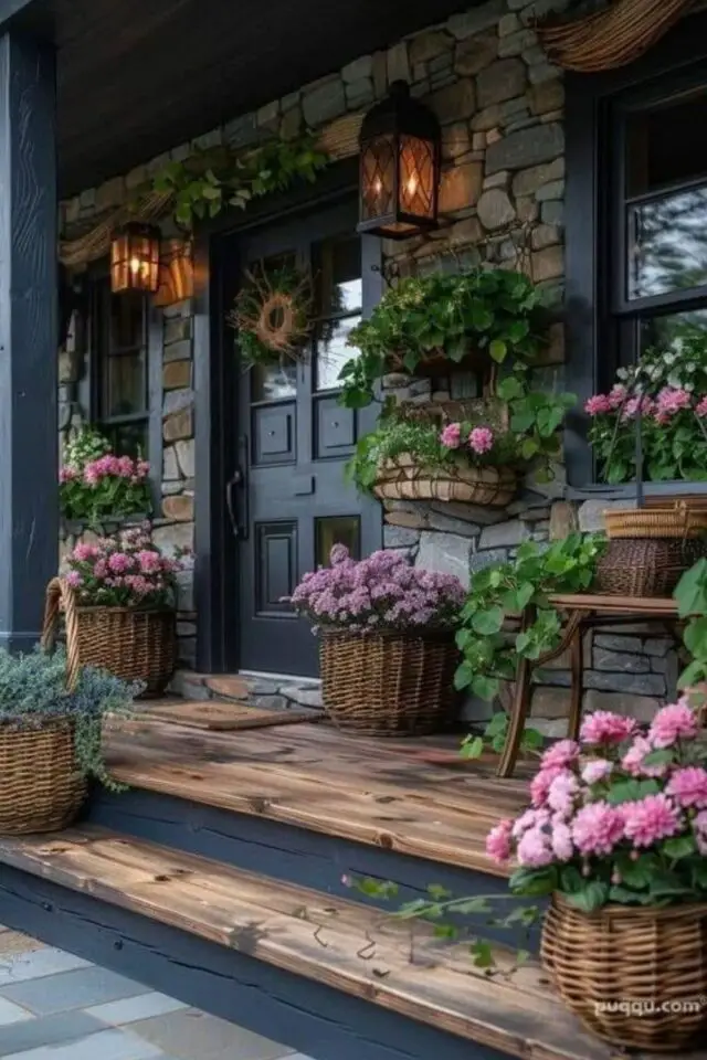 jardin rustique de grand-mère devanture maison porche panier en osier cacher pots de fleurs