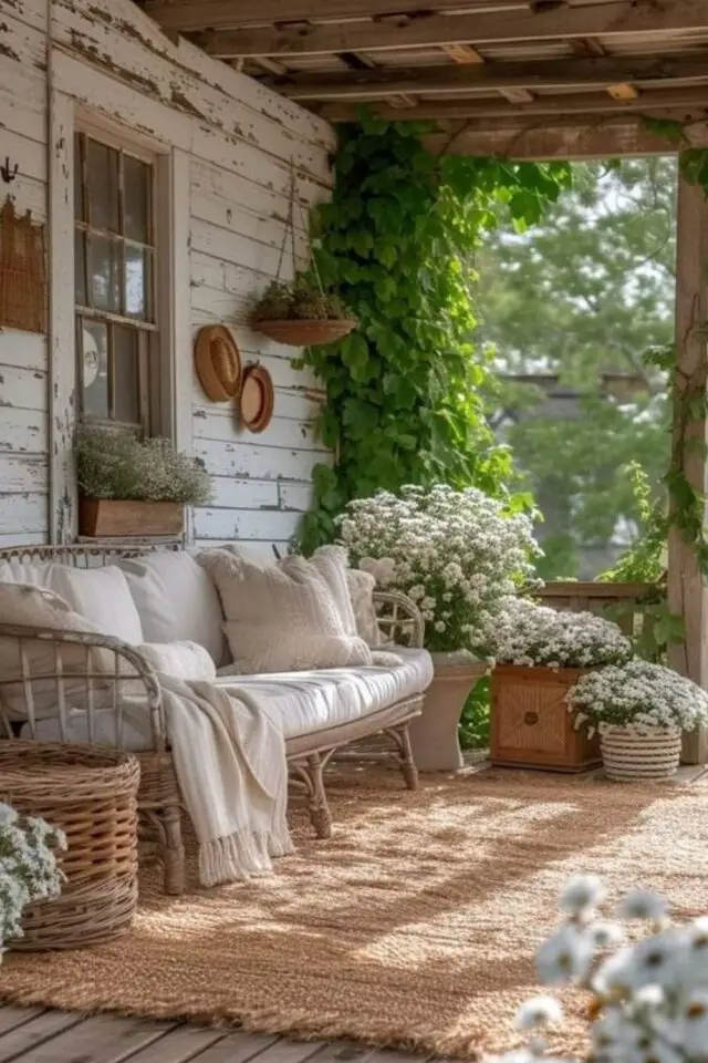 jardin rustique de grand-mère porche en bois façade blanche banquette en rotin coussin blanc et écru petites fleurs blanches en pot 