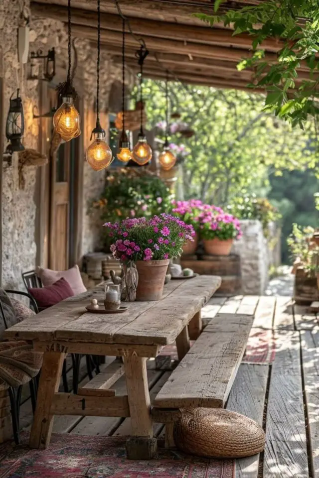 jardin rustique de grand-mère grande table en bois avec banc petites fleurs roses terrasse 