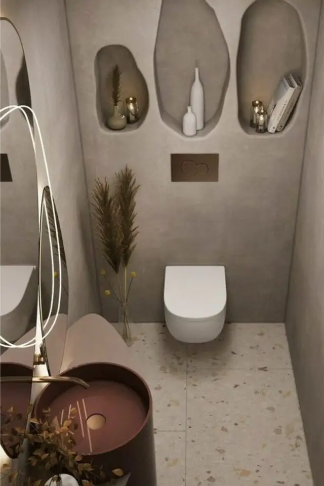 deco wc moderne photo toilettes style zen moderne détente niche forme organique détail original couleur taupe 