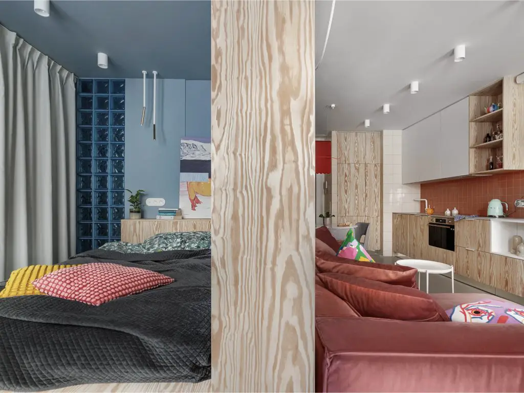 visite appartement 38m2 décor néo-rétro cloison bois séparation salon et chambre aménagement astucieux visite appartement 38m2 décor néo-rétro cloison bois séparation salon et chambre aménagement astucieux