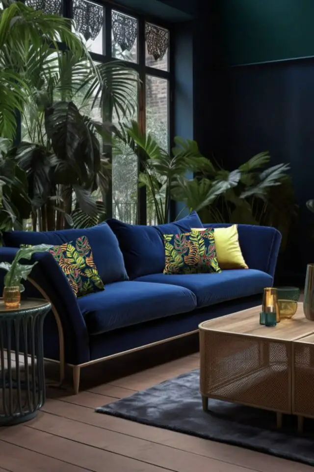 position canapé salon dos à la fenêtre plantes vertes espace table basse modèle bleu sombre peinture murale sourde 