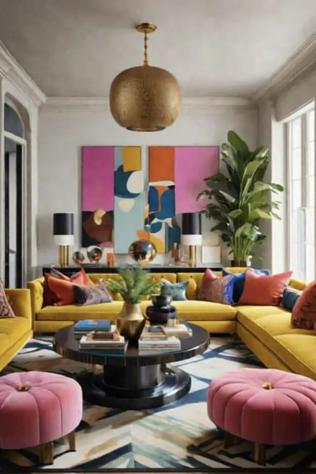 place du canapé dans un salon angle grand modèle 8 places jaune grande table ronde basse pouf en velours 