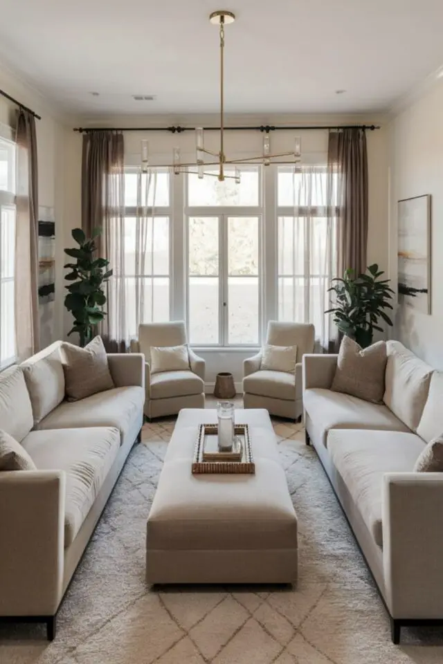 exemple aménagement salon disposition canapé séjour en longueur deux sofas l'un en face de l'autres couleur claire espace simple et lumineux 