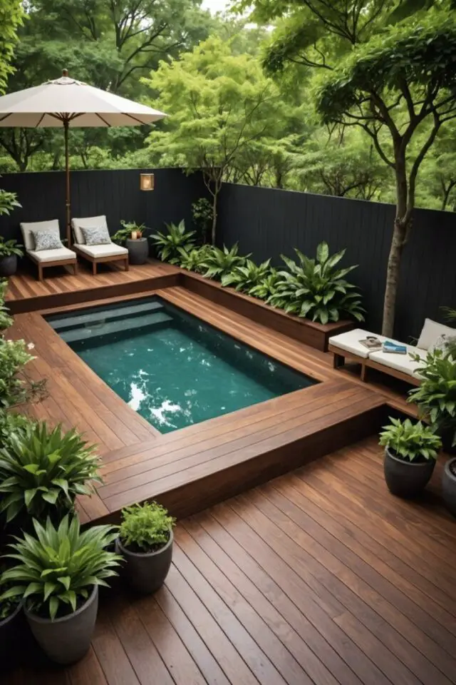 terrasse moderne en bois avec encadrement petite piscine parasol blanc petit transat coussin plantes jardinière clôture noire et élégante 