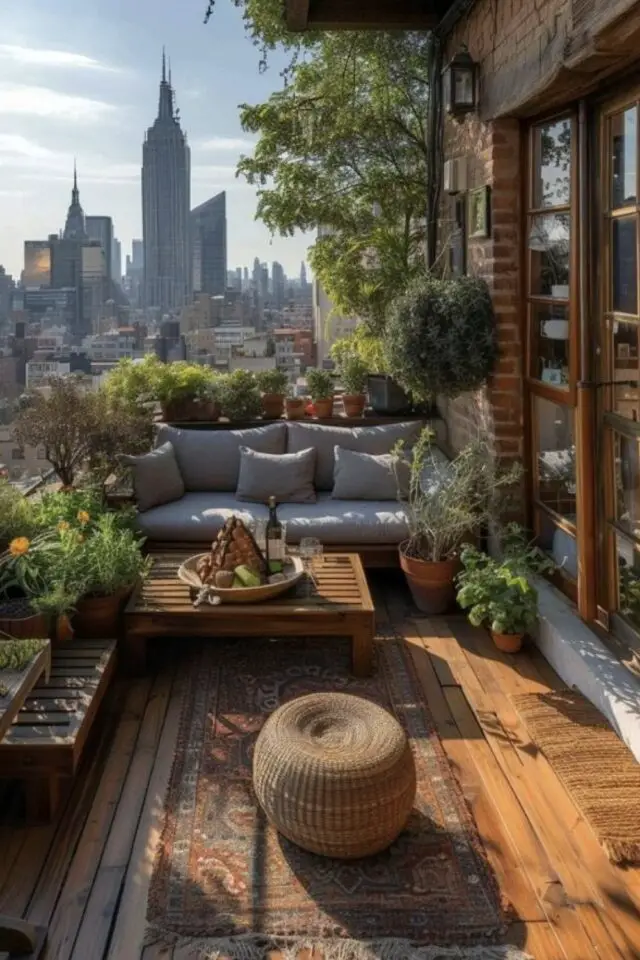 terrasse moderne en bois appartement rooftop coin salon extérieur banquette coussin gris pouf table basse plantes vertes 