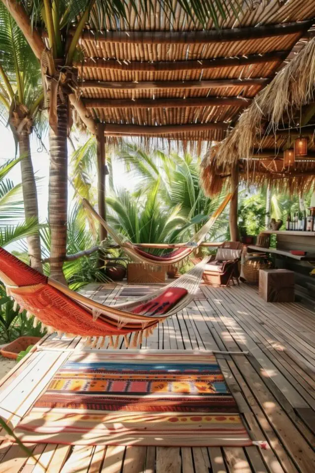 terrasse moderne en bois exemple vacances bambou hamac plantes tropicale voyage bohème détente