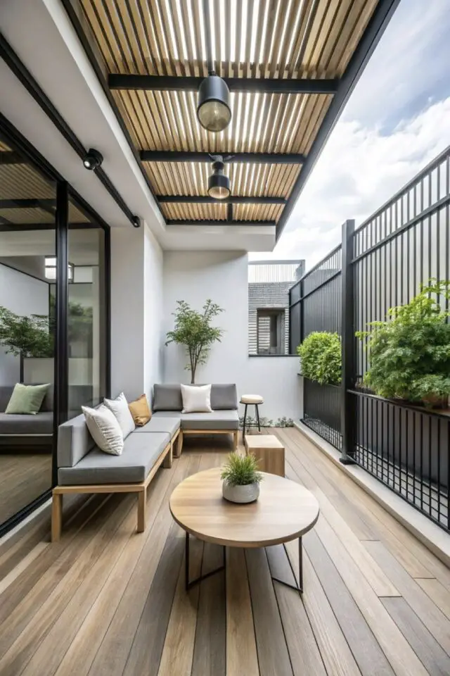 terrasse moderne en bois exemple patio côté de maison clôture métal baie vitrée façade blanche canapé simple coussin gris élégant et minimaliste 