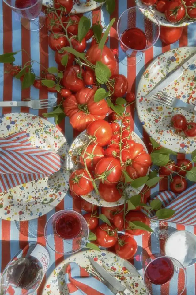 décoration de table rayures vacances été nappe bleu et terre-cuite chemin de table gourmand différentes variétés de tomates assiette effet terrazzo 