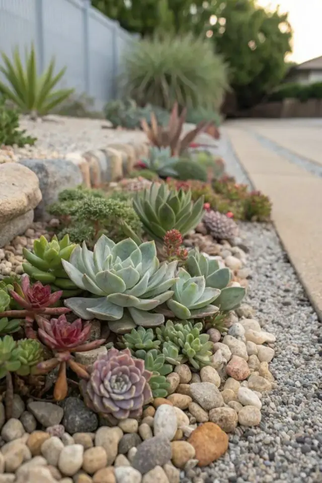 jardin avec galet photo massif de plantes grasses peu d'entretien élégant simple pas encombrant 