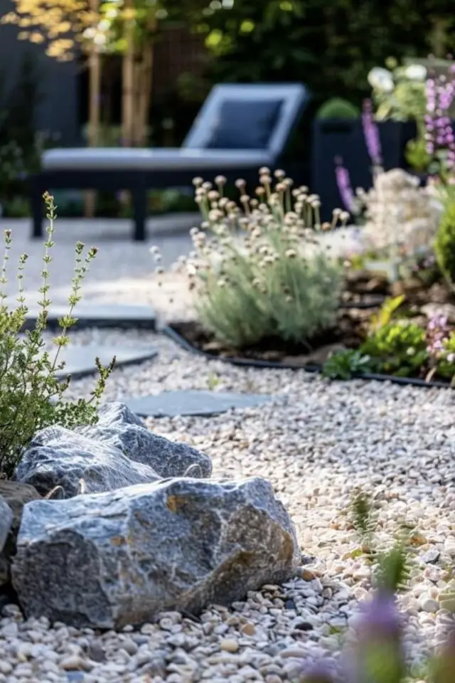 jardin avec galet photo petit cailloux pats japonais massif de fleurs terrasse idée décoration extérieure aménagement 