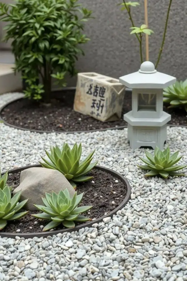 jardin avec galet photo plante grasse lanterne japonaise jardin zen extérieur bordure invisible 