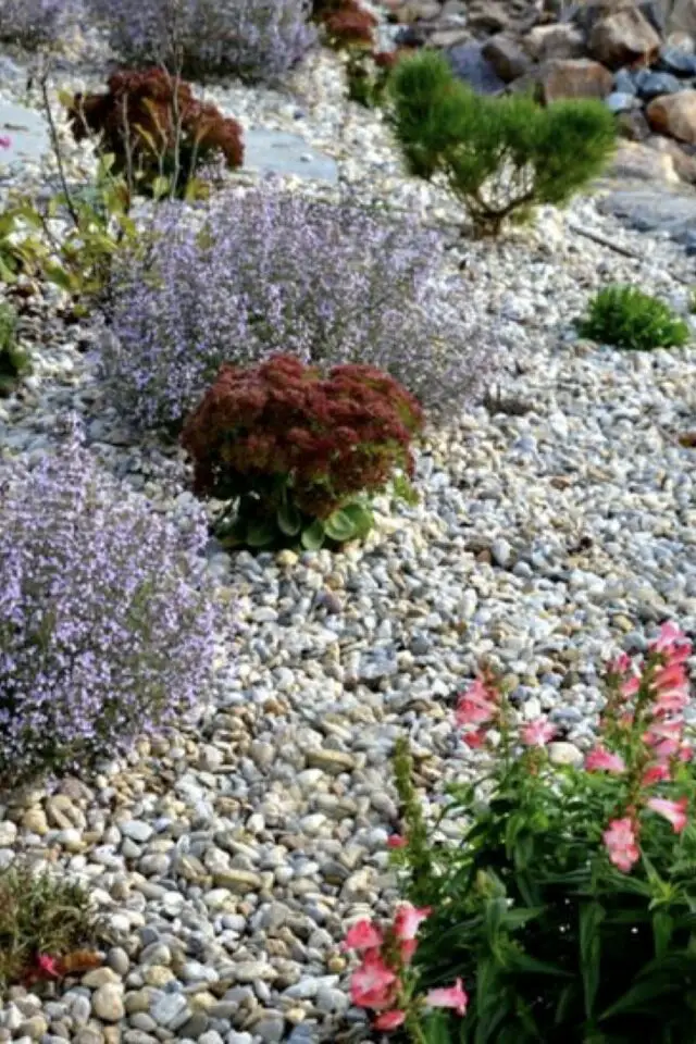jardin avec galet photo massif de fleur toile géotextile toile de paillage différence 