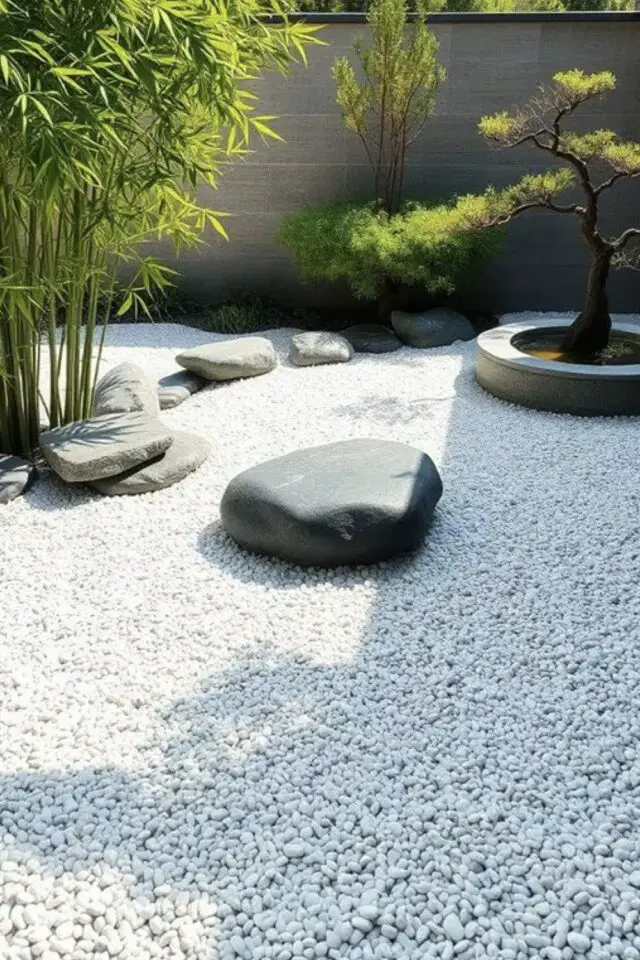 jardin avec galet photo extérieur zen et apaisant bambou bonzaï idée à copier 