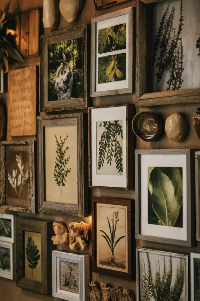 salle à manger décoration style botanique déco mur galerie de cadres mix herbier photo de plantes vintage ancien 