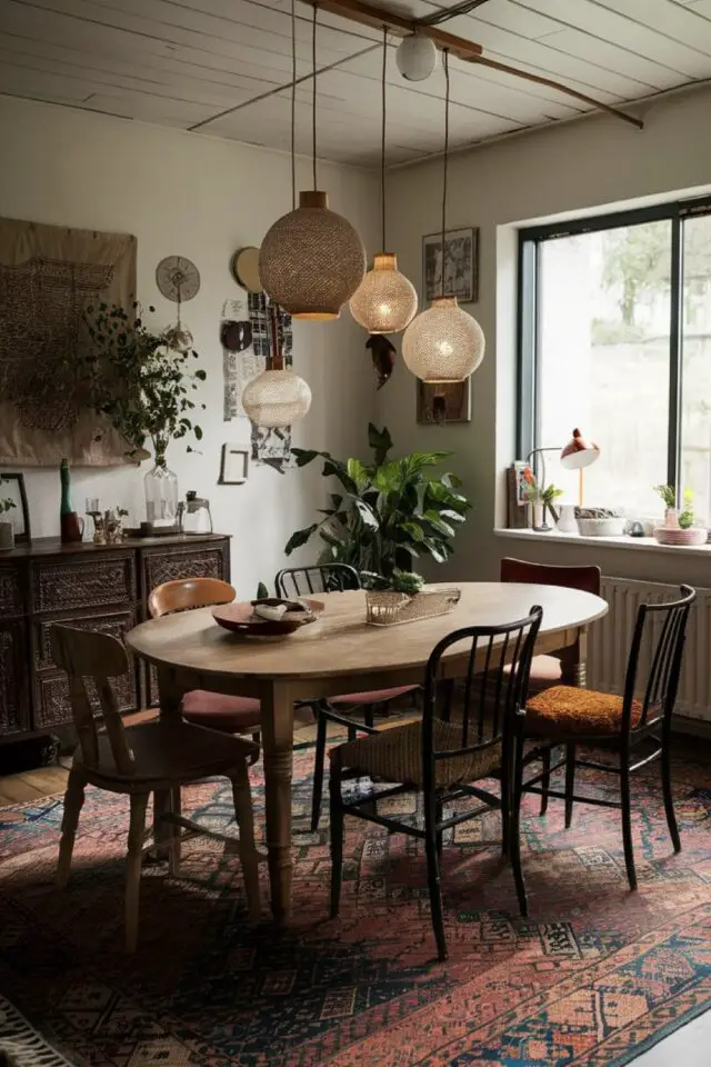 salle à manger décoration style botanique table ne bois ovale suspension fibres naturelles tressée grand tapis plante verte ambiance surannée 