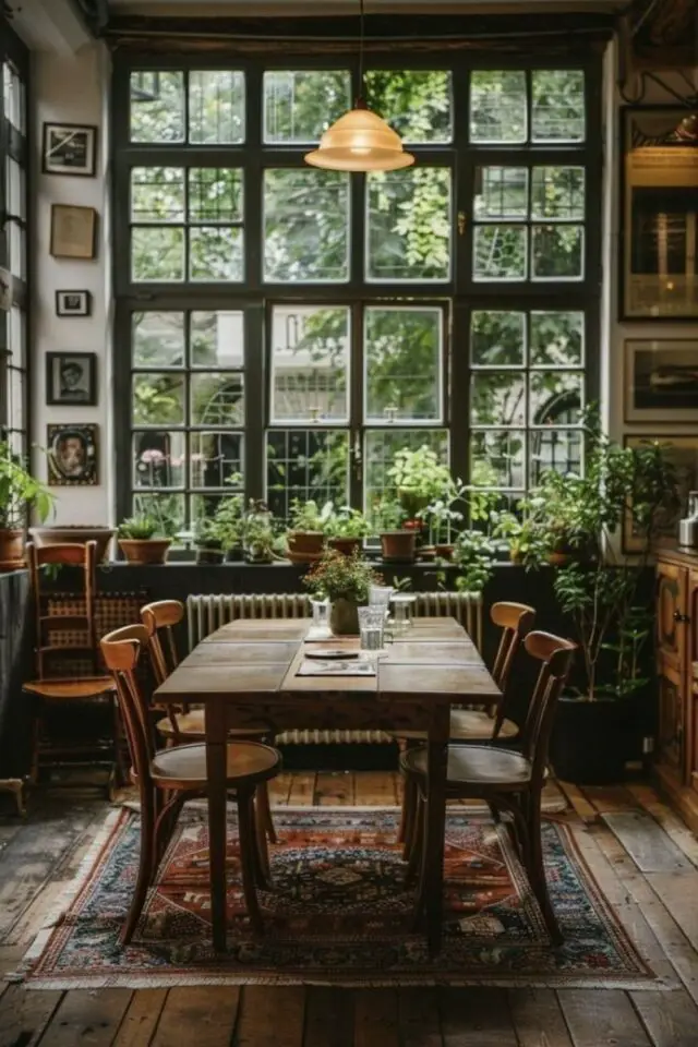 salle à manger décoration style botanique table en bois ancienne rectangulaire chaise vintage fenêtre peinte tapis plantes verte 
