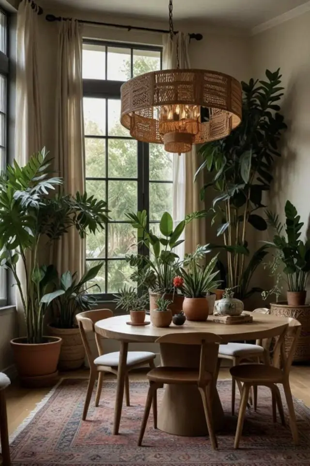 salle à manger décor botanique table en bois ronde plantes d'intérieur tropical lumière naturelle feutrée grande suspension en cannage 