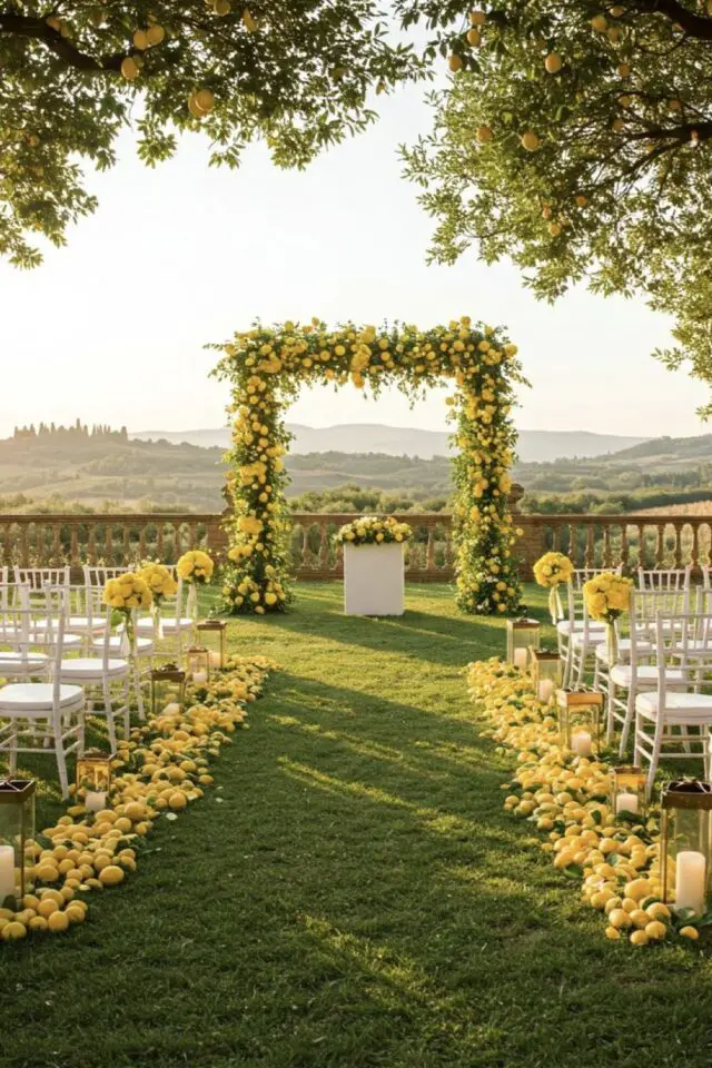 mariage en jaune décoration arche végétale fleuries célébration en extérieur 