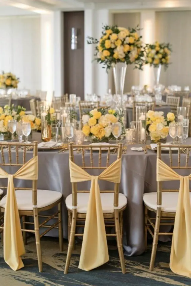 mariage en jaune exemple décor habillage chaise bouquet rond nappe grise 