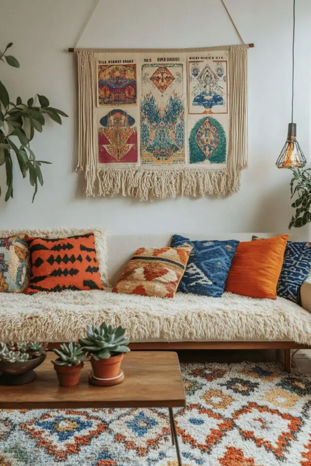 intérieur maximaliste bohème idée facile mélange de motifs différents salon cosy coussin tapis tenture accessoire textiles intérieur maximaliste bohème idée facile mélange de motifs différents salon cosy coussin tapis tenture accessoire textiles